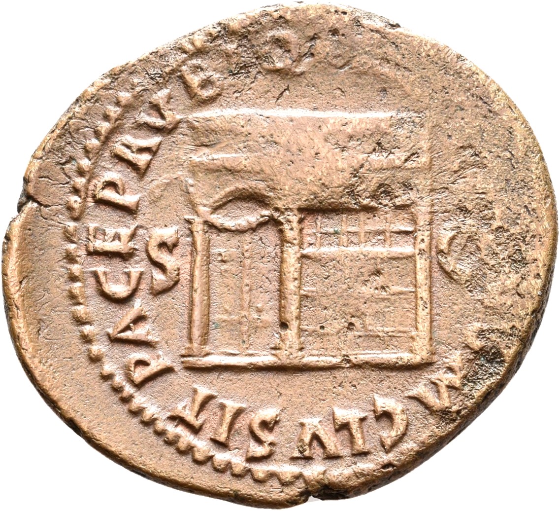 RIC I (second edition) Nero 310 Nero reverse, Temple of Janus, with latticed window to right and double doors to left with...