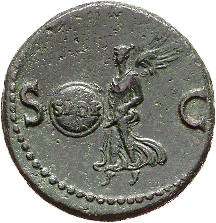 RIC I (second edition) Nero 312 Nero reverse, Victory, winged, draped, moving left, holding in both hands shield inscribed...