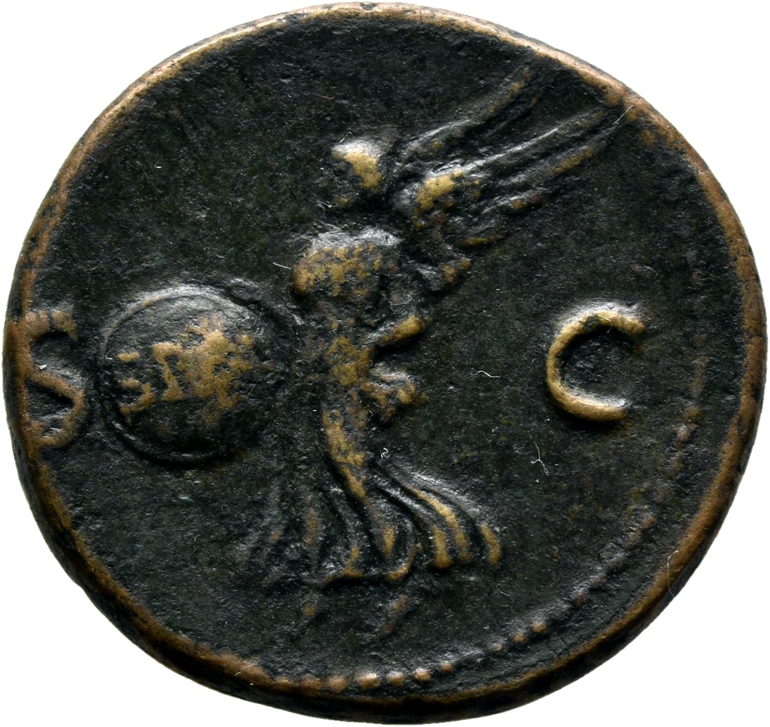 RIC I (second edition) Nero 312 Nero reverse, Victory, winged, draped, moving left, holding in both hands shield inscribed...