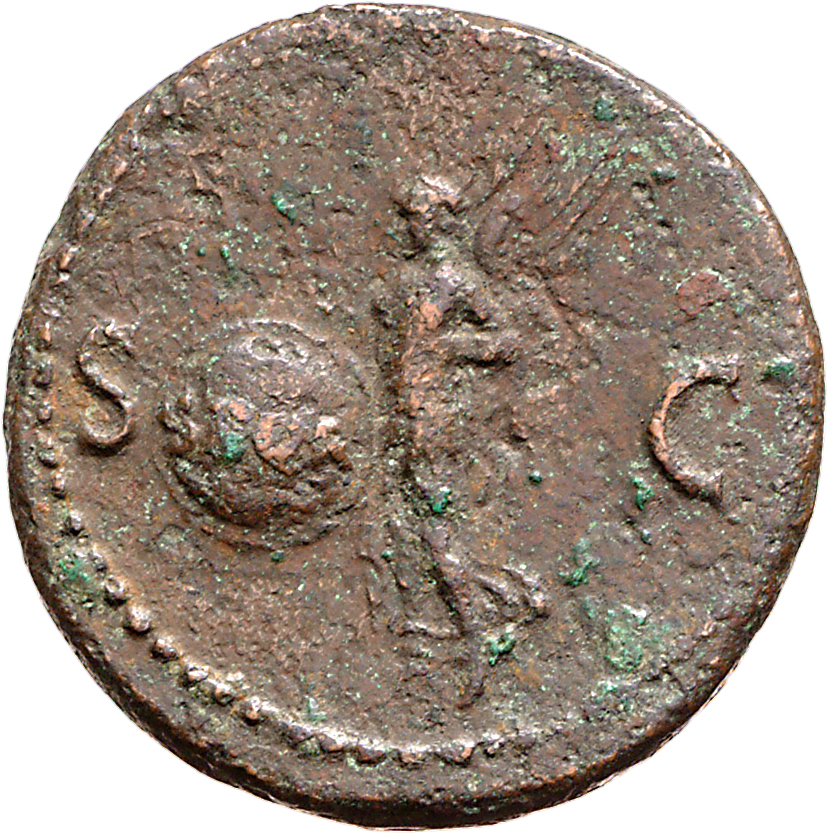 RIC I (second edition) Nero 313 Nero reverse, Victory, winged, draped, moving left, holding in both hands shield inscribed...