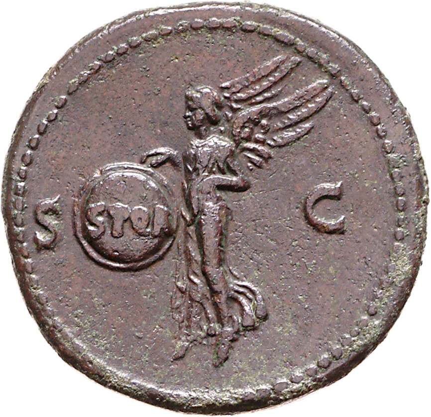 RIC I (second edition) Nero 316 Nero reverse, Victory, winged, draped, moving left, holding in both hands shield inscribed...