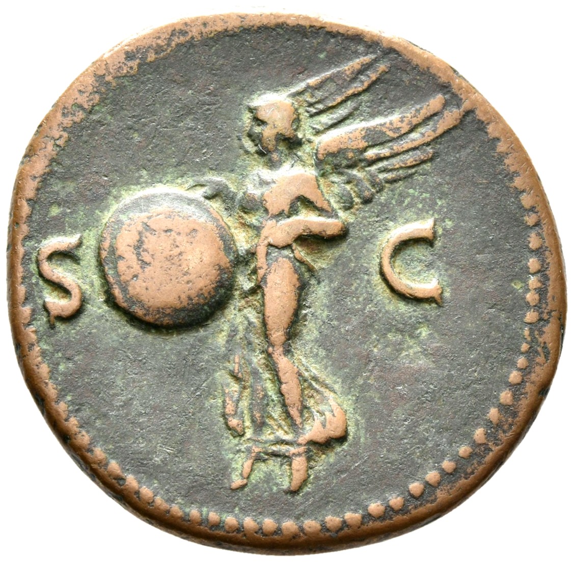 RIC I (second edition) Nero 316 Nero reverse, Victory, winged, draped, moving left, holding in both hands shield inscribed...