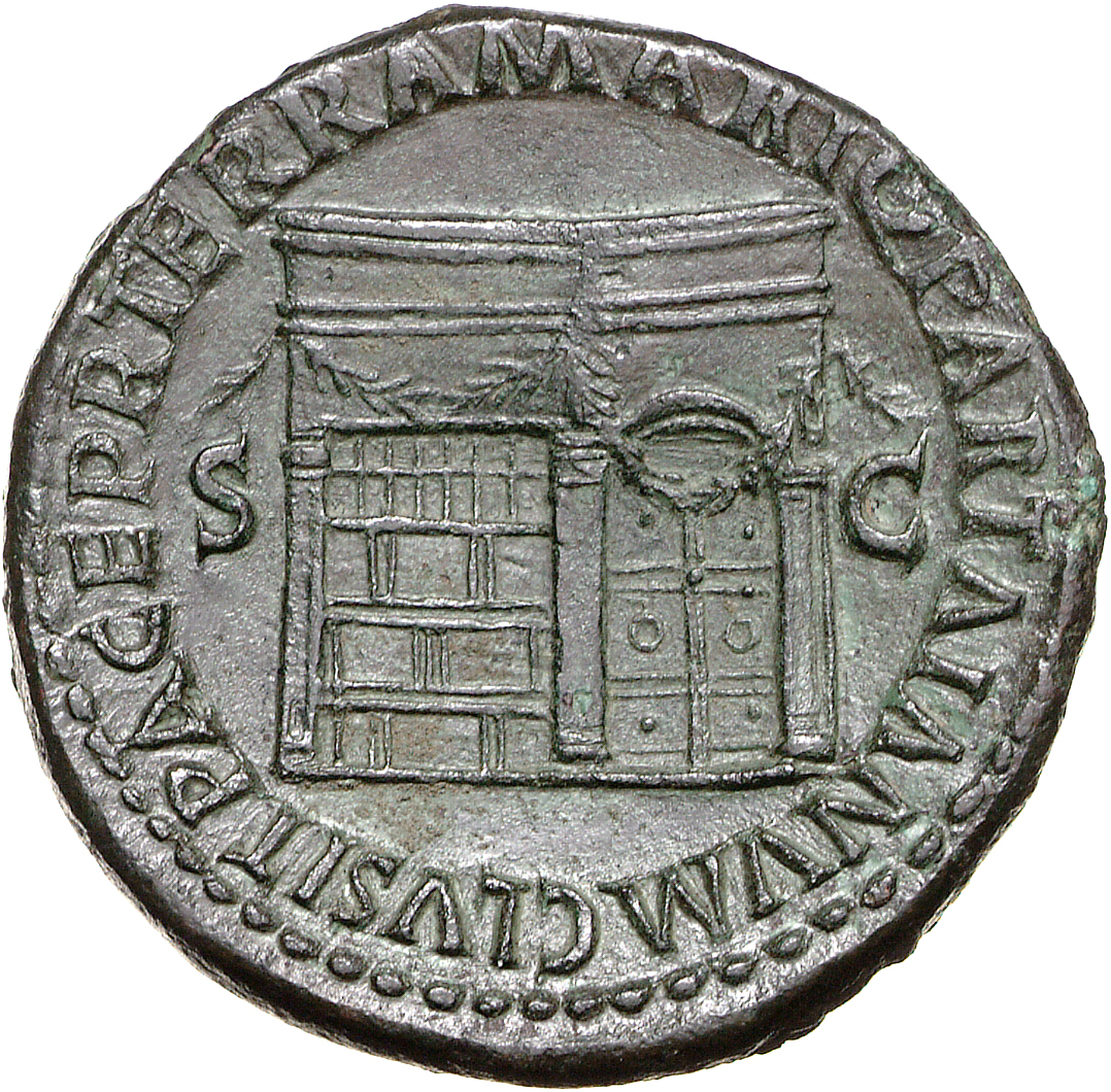 RIC I (second edition) Nero 323 Nero reverse, Temple of Janus, with latticed window to left and double doors to right with...