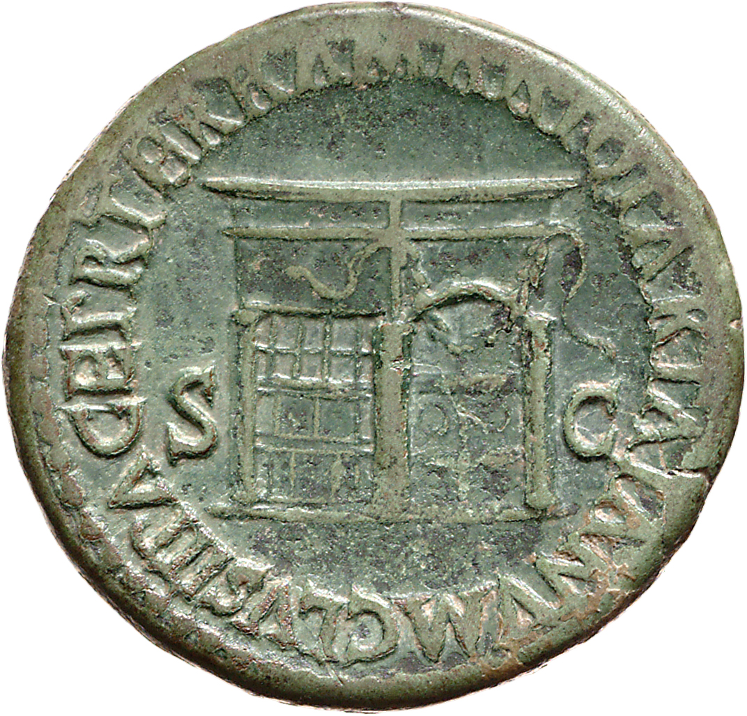 RIC I (second edition) Nero 324 Nero reverse, Temple of Janus, with latticed window to left and double doors to right with...