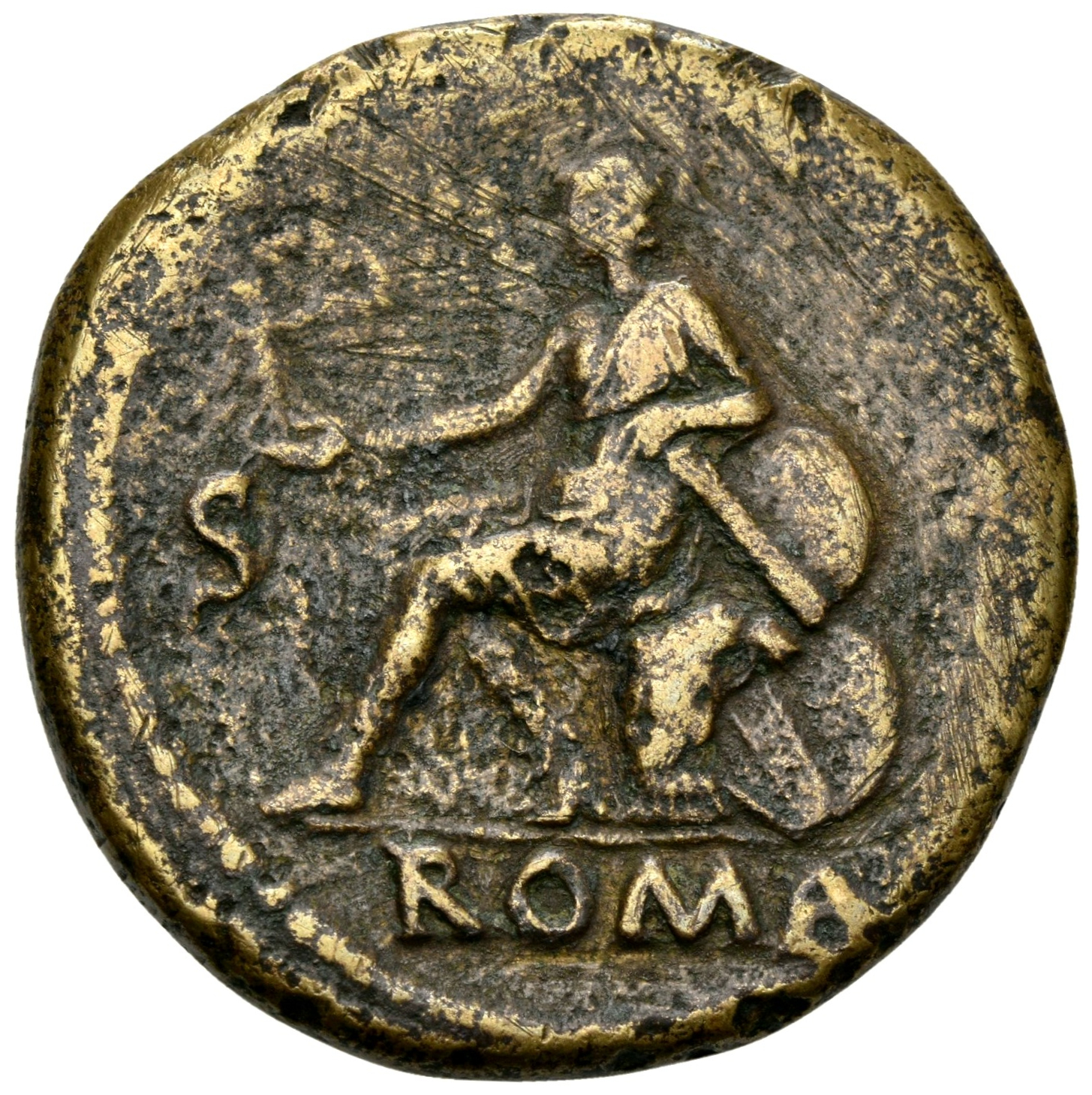 RIC I (second edition) Nero 329 Nero reverse, Roma, helmeted, in military dress, seated left on cuirass, holding Victory i...