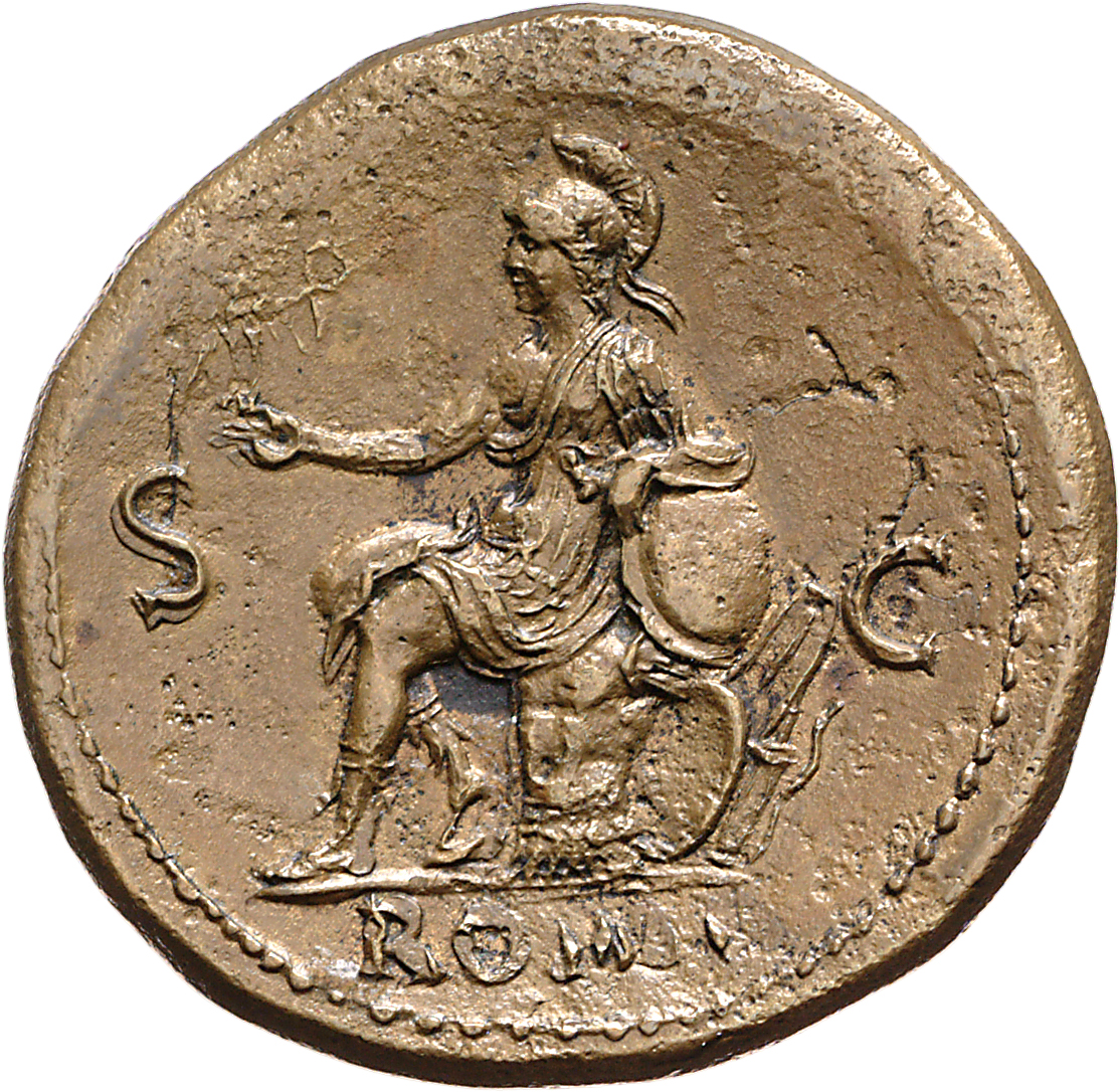 RIC I (second edition) Nero 332 Nero reverse, Roma, helmeted, in military dress, seated left on cuirass, holding Victory i...