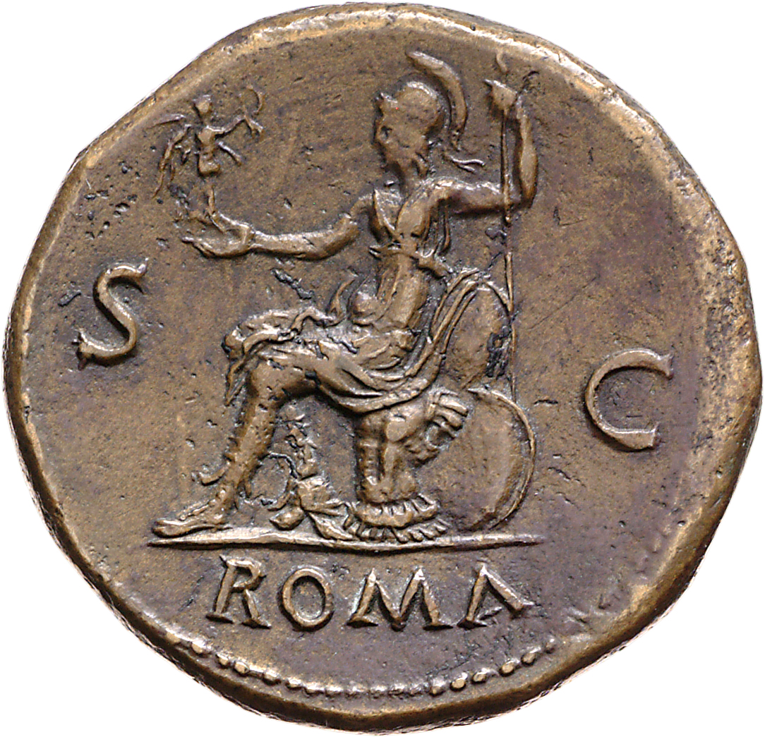 RIC I (second edition) Nero 333 Nero reverse, Roma, helmeted, in military dress, seated left on cuirass, holding Victory i...