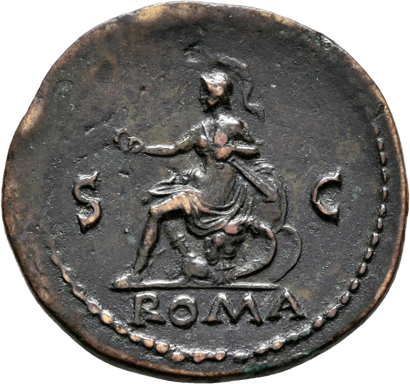 RIC I (second edition) Nero 344 Nero reverse, Roma, helmeted, in military dress, seated left on cuirass, holding wreath an...