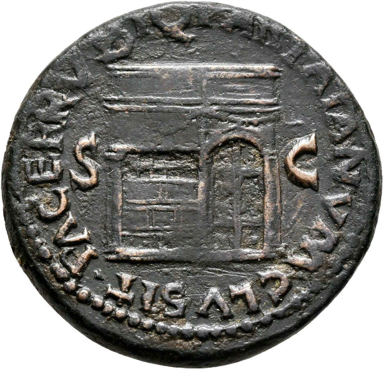 RIC I (second edition) Nero 347 Nero reverse, Temple of Janus, with latticed window to left and double doors to right with...