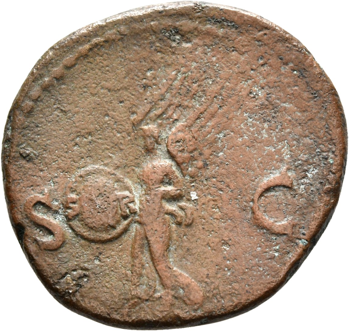 RIC I (second edition) Nero 351 Nero reverse, Victory, winged, draped, moving left, holding in both hands shield inscribed...