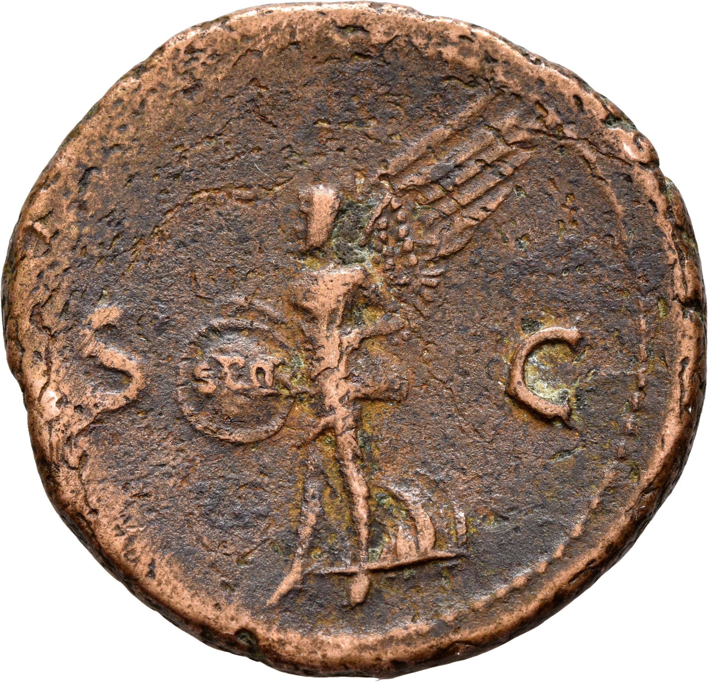 RIC I (second edition) Nero 352 Nero reverse, Victory, winged, draped, moving left, holding in both hands shield inscribed...