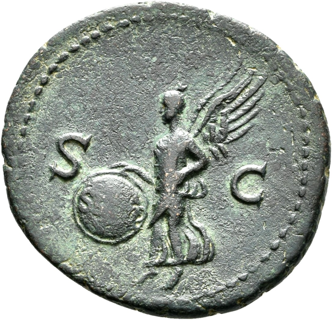 RIC I (second edition) Nero 352 Nero reverse, Victory, winged, draped, moving left, holding in both hands shield inscribed...