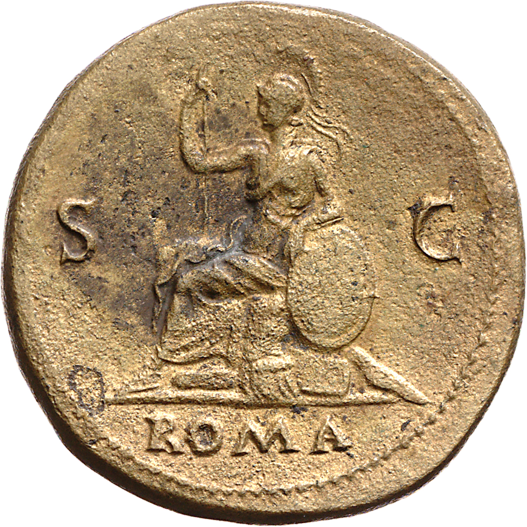 RIC I (second edition) Nero 356 Nero reverse, Roma, helmeted, in military dress, seated left on cuirass, holding spear in ...