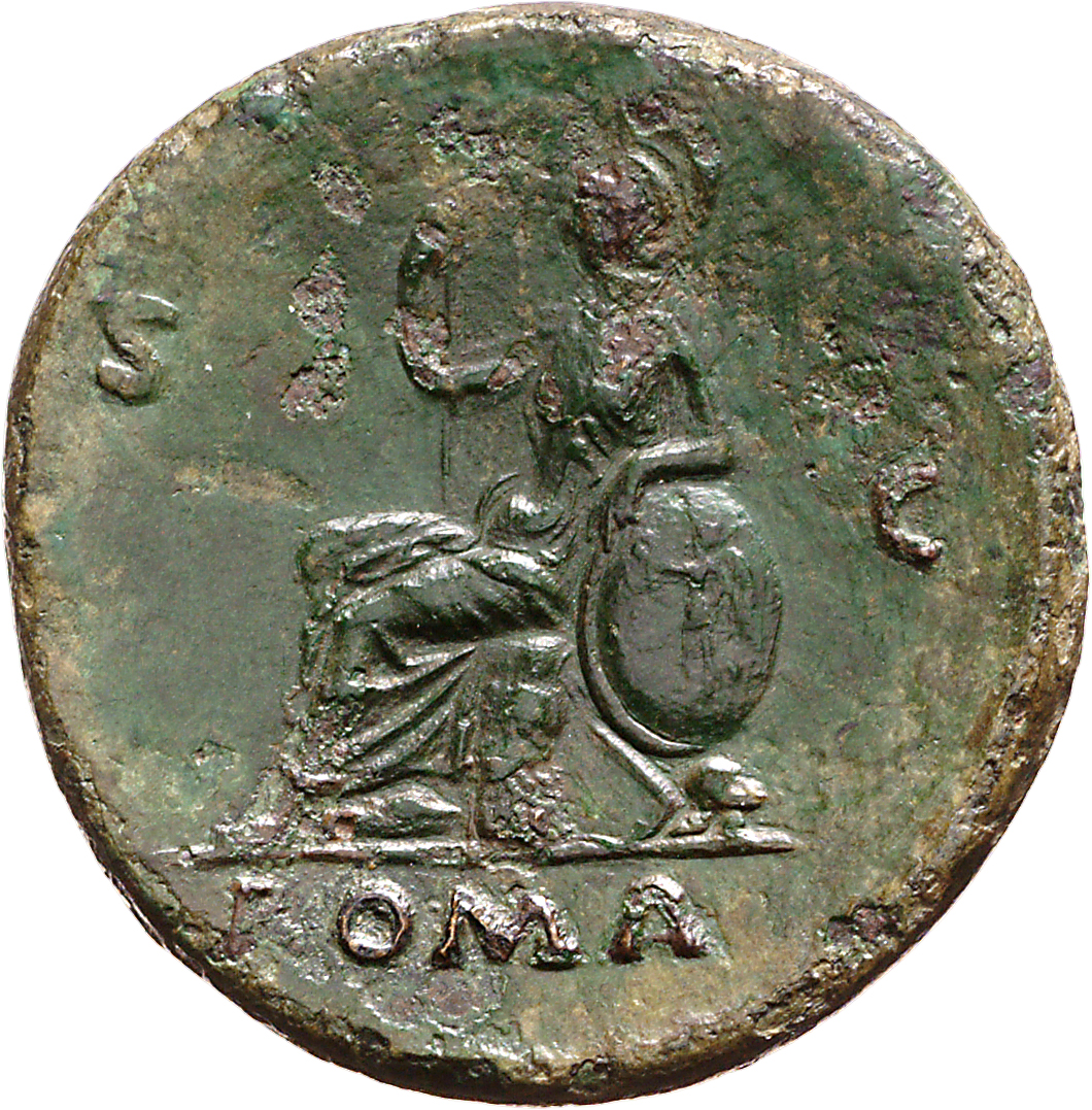 RIC I (second edition) Nero 356 Nero reverse, Roma, helmeted, in military dress, seated left on cuirass, holding spear in ...