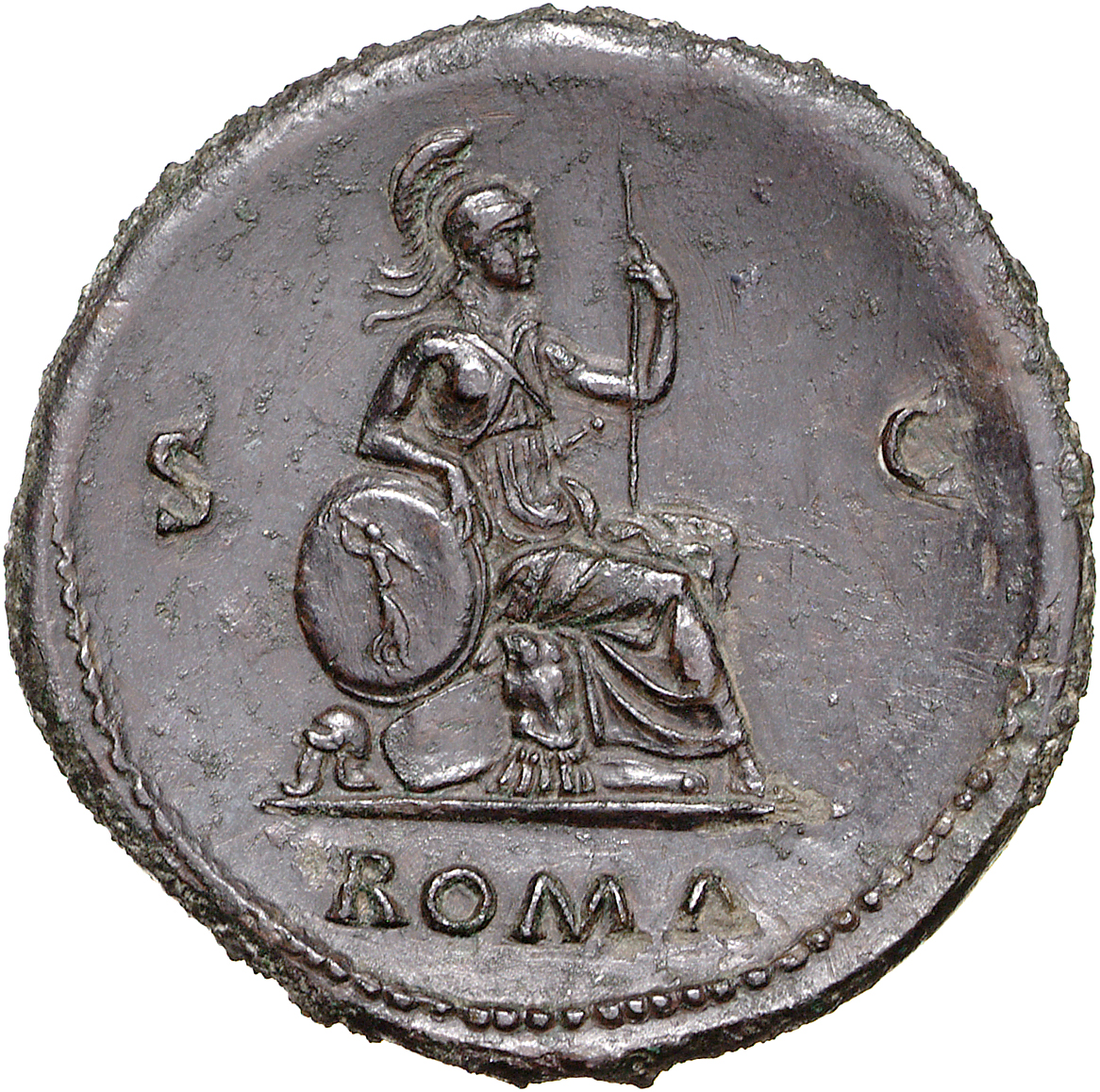 RIC I (second edition) Nero 358 Nero reverse, Roma, helmeted, in military dress, seated right on cuirass, holding spear in...