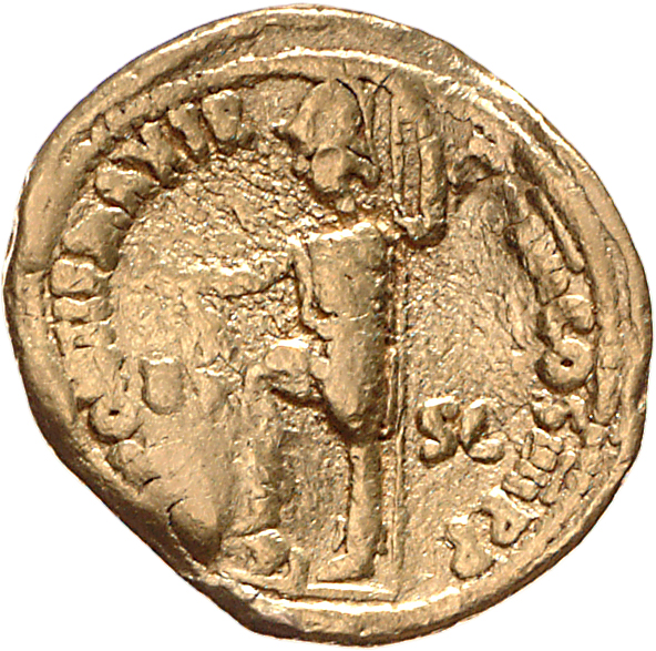 RIC I (second edition) Nero 36 Nero reverse, Virtus, helmeted, in military dress, standing left, right foot on helmet amon...