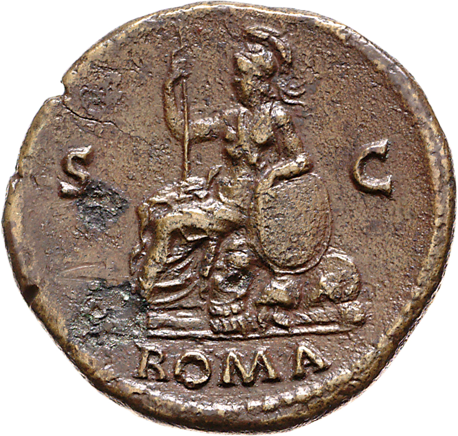 RIC I (second edition) Nero 363 Nero reverse, Roma, helmeted, in military dress, seated left on cuirass, holding spear in ...