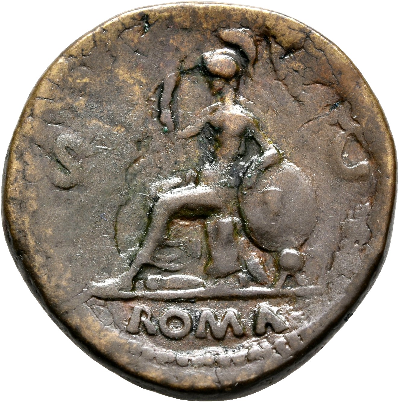 RIC I (second edition) Nero 363 Nero reverse, Roma, helmeted, in military dress, seated left on cuirass, holding spear in ...