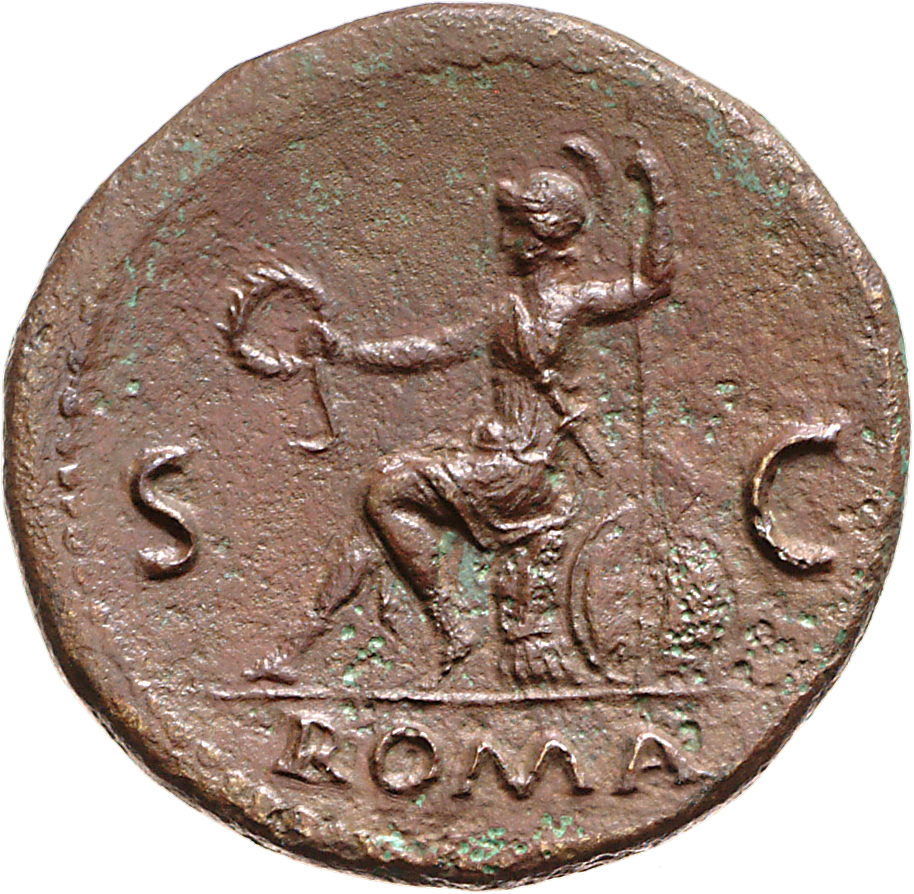 RIC I (second edition) Nero 365 Nero reverse, Roma, helmeted, in military dress, seated left on cuirass, left hand holding...