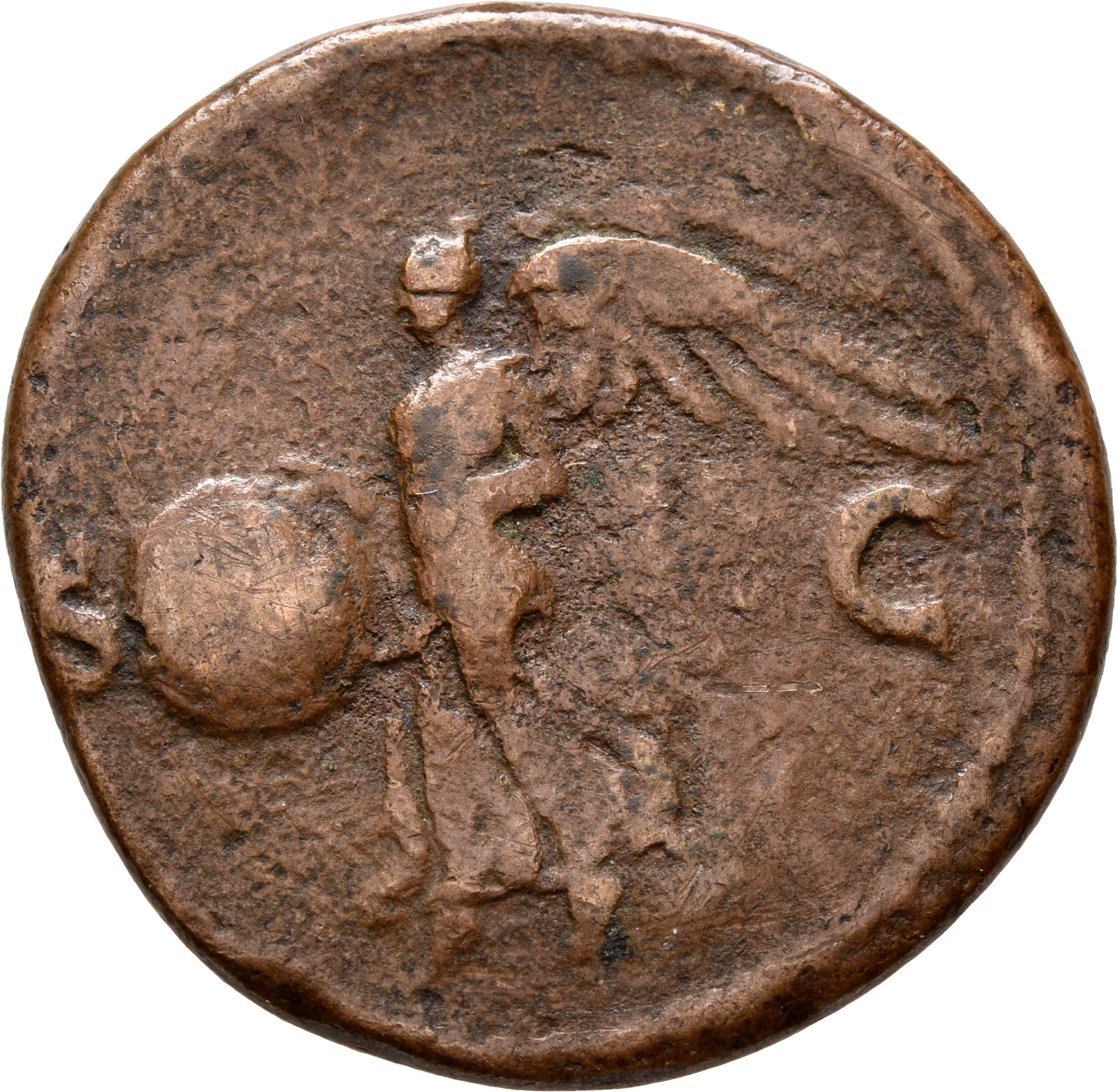 RIC I (second edition) Nero 368 Nero reverse, Victory, winged, draped, moving left, holding in both hands shield inscribed...