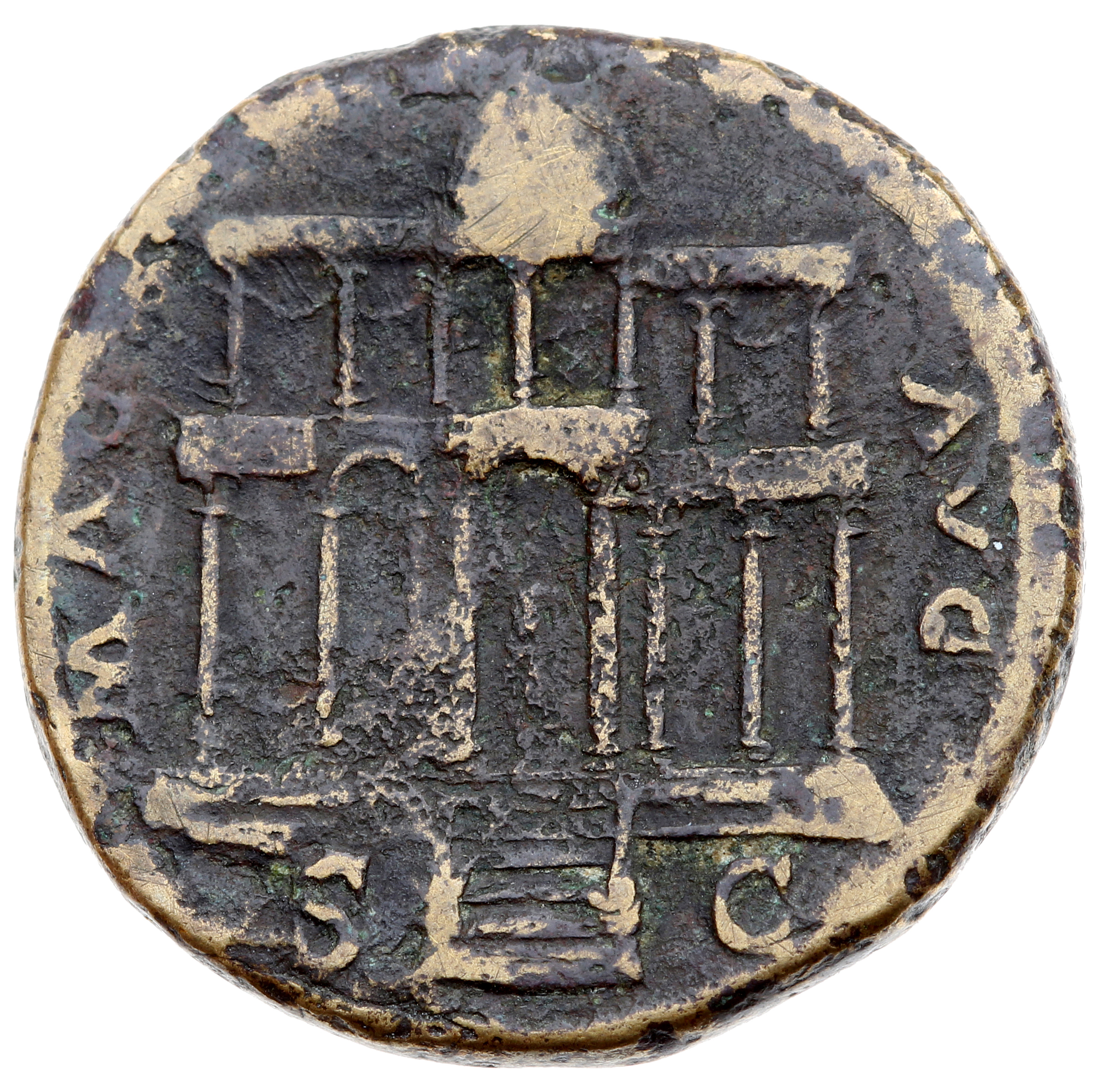 RIC I (second edition) Nero 373 Nero reverse, Front view of the Macellum Magnum; above the steps, male figure standing, le...