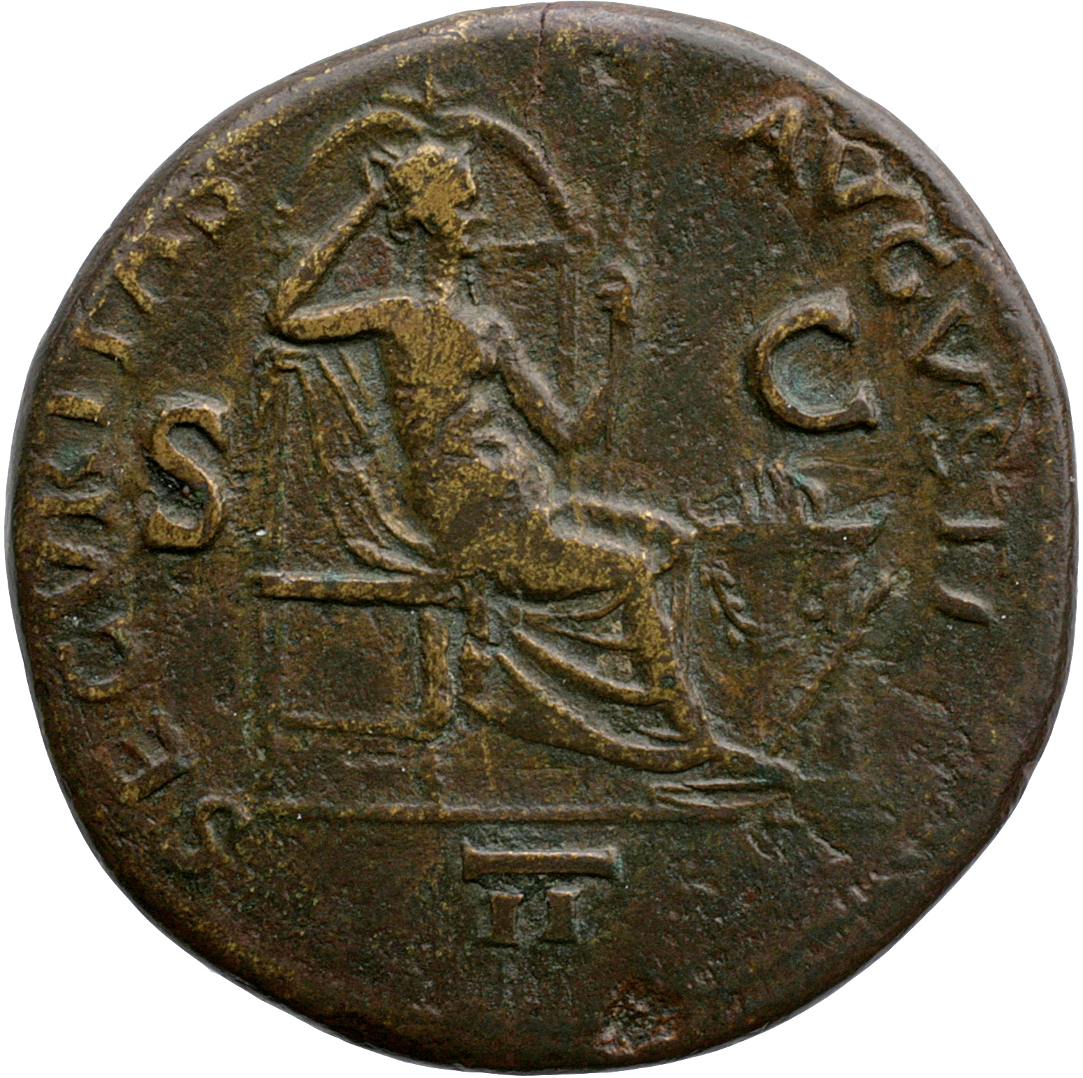 RIC I (second edition) Nero 375 Nero reverse, Securitas, bare to waist, seated, right, on throne, resting head against rig...