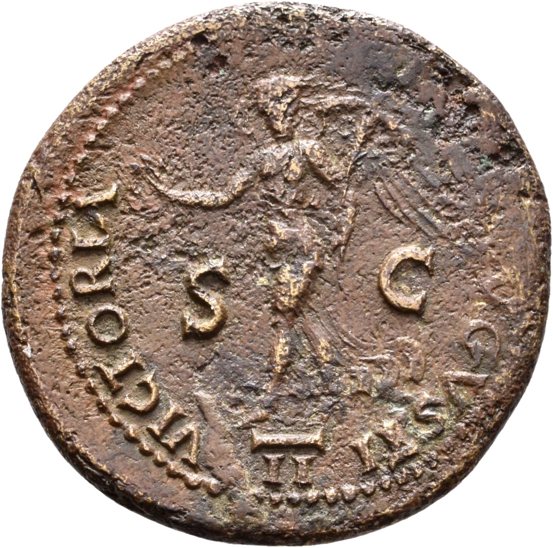 RIC I (second edition) Nero 379 Nero reverse, Victory walking left, holding wreath in right hand and palm in left