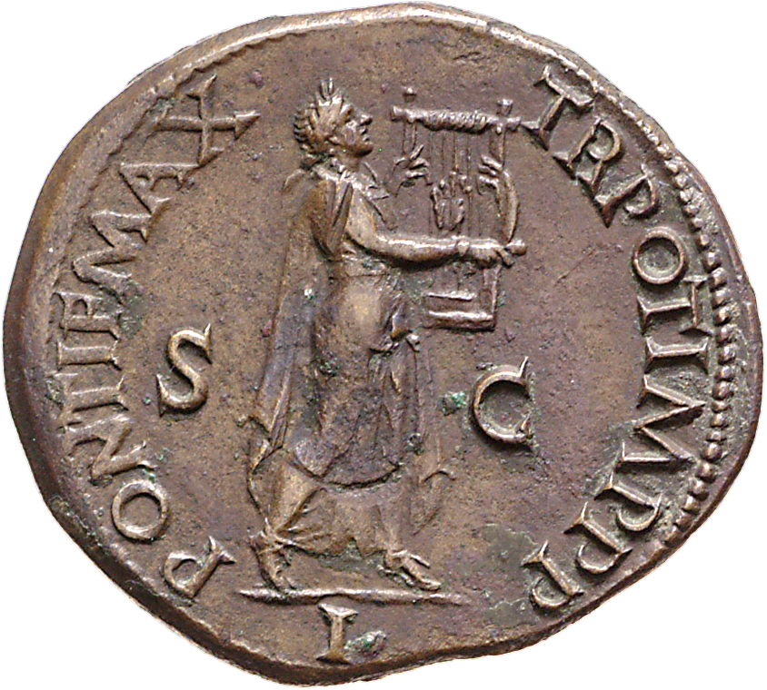 RIC I (second edition) Nero 380 Nero reverse, Nero as Apollo Citharoedus, laureate, advancing right, playing lyre