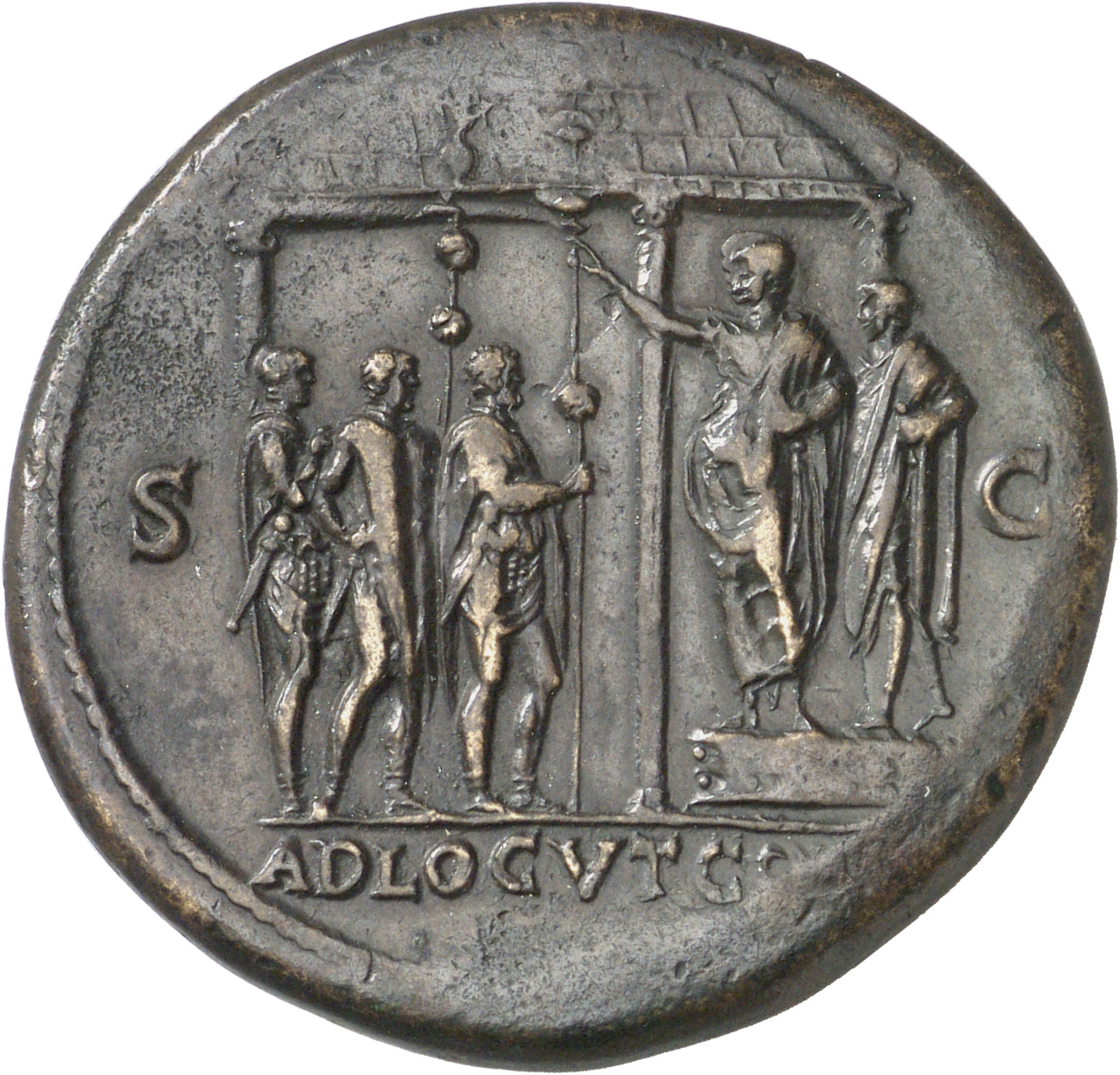 RIC I (second edition) Nero 387 Nero reverse, Nero, bare-headed and togate, standing left, with praetorian prefect on plat...