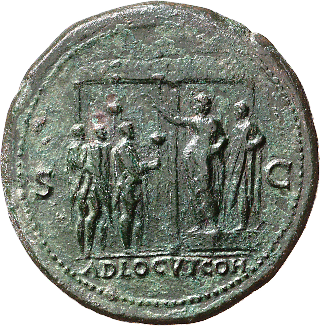RIC I (second edition) Nero 388 Nero reverse, Nero, bare-headed and togate, standing left, with praetorian prefect on plat...