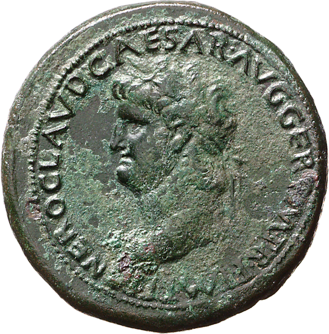 RIC I (second edition) Nero 388 Nero obverse, Head of Nero, laureate, left; small globe at point of neck