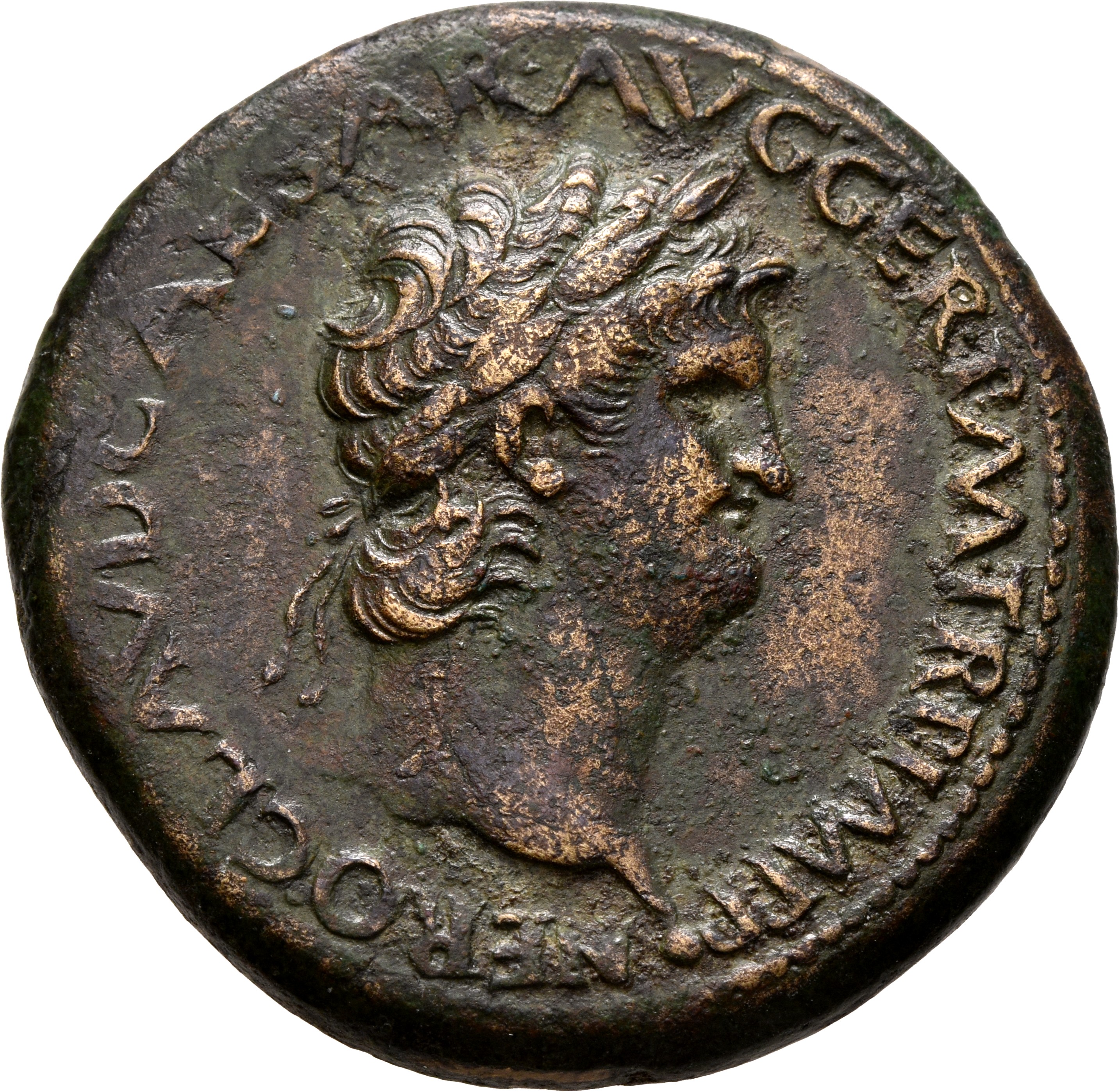 RIC I (second edition) Nero 390 Nero obverse, Head of Nero, laureate, right; small globe at point of neck
