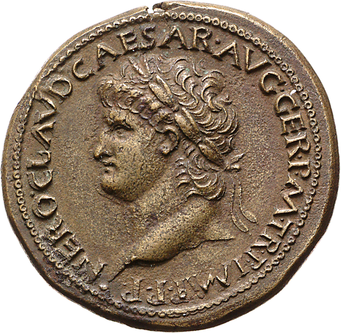 RIC I (second edition) Nero 391 Nero obverse, Head of Nero, laureate, left; small globe at point of neck