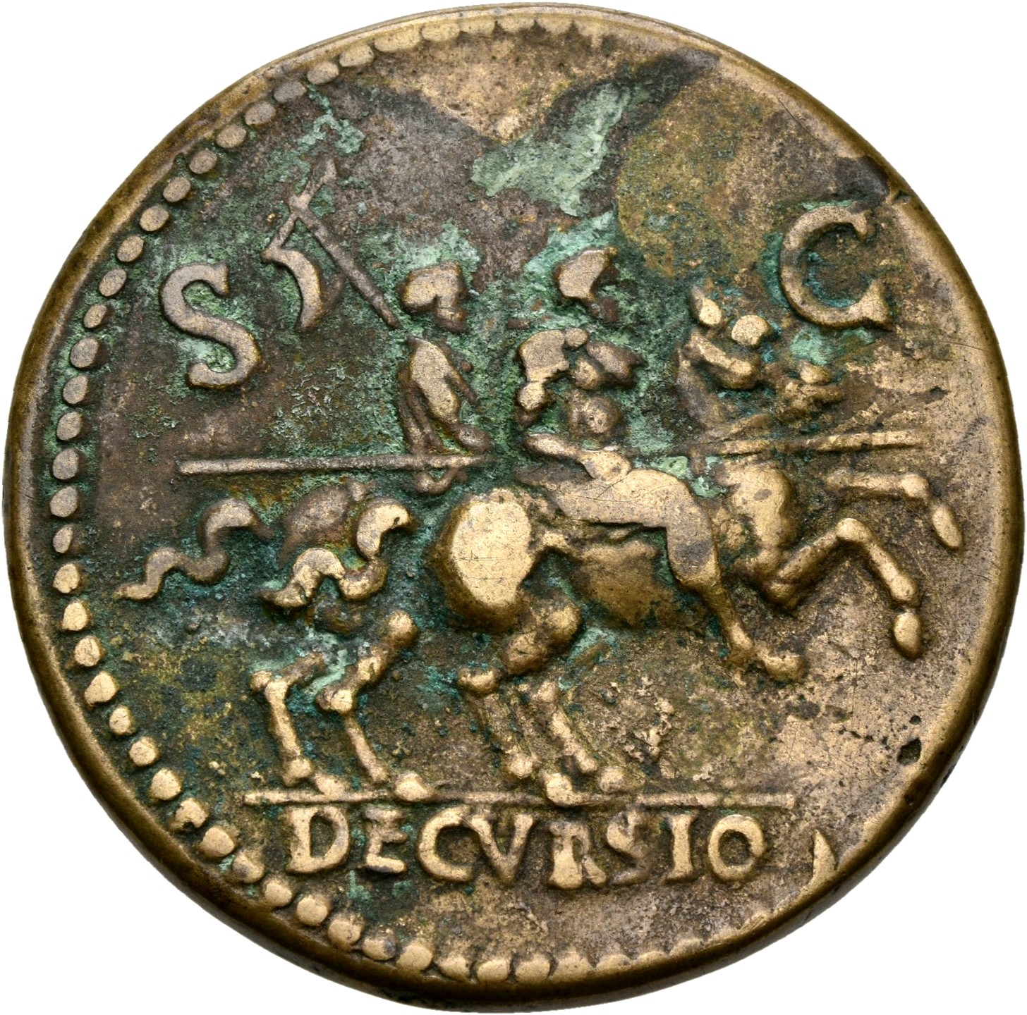 RIC I (second edition) Nero 396 Nero reverse, Nero, bare-headed, cuirassed, cloak flying behind, prancing right on horseba...