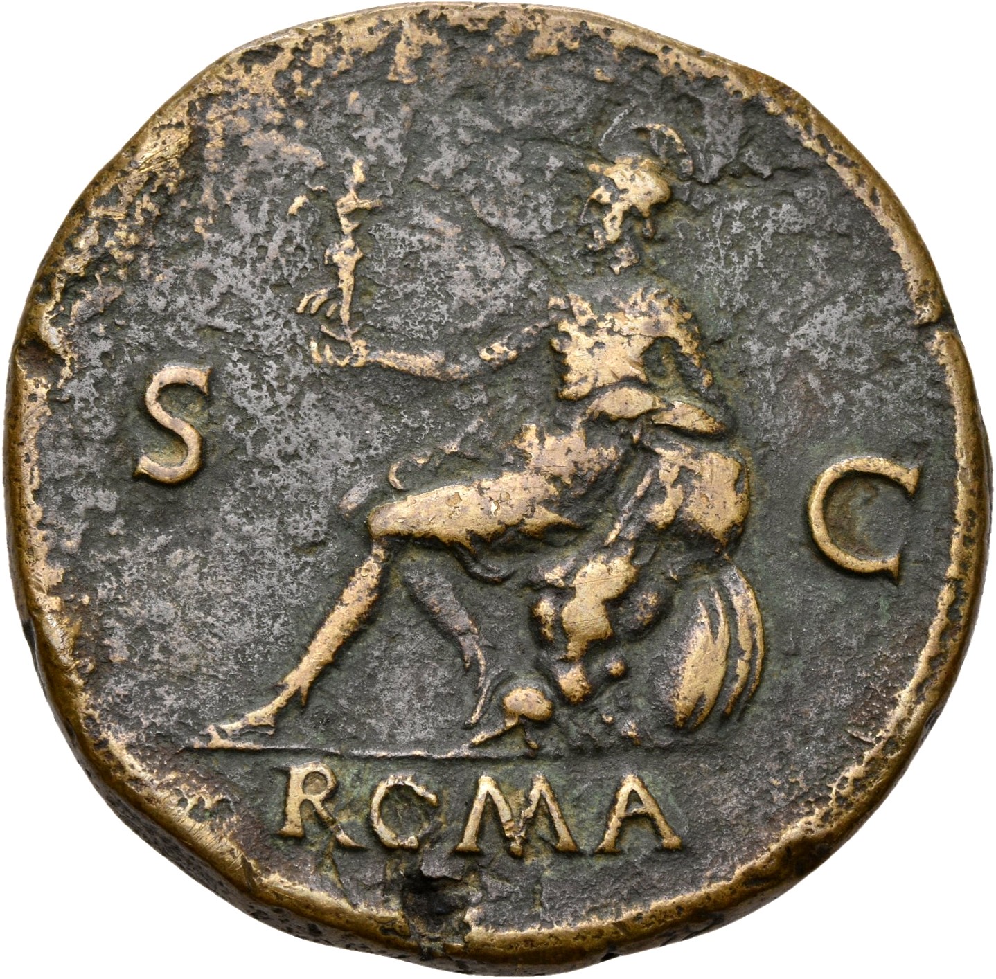 RIC I (second edition) Nero 398 Nero reverse, Roma, helmeted, in military dress, seated left on cuirass, holding Victory i...