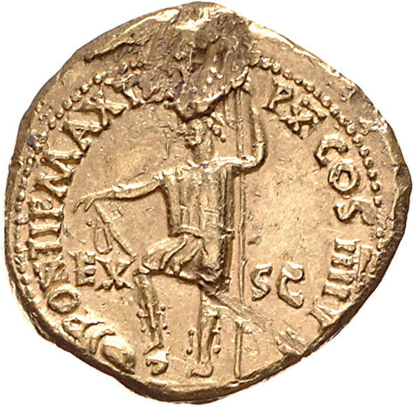 RIC I (second edition) Nero 40 Nero reverse, Virtus, helmeted, in military dress, standing left, right foot on helmet amon...