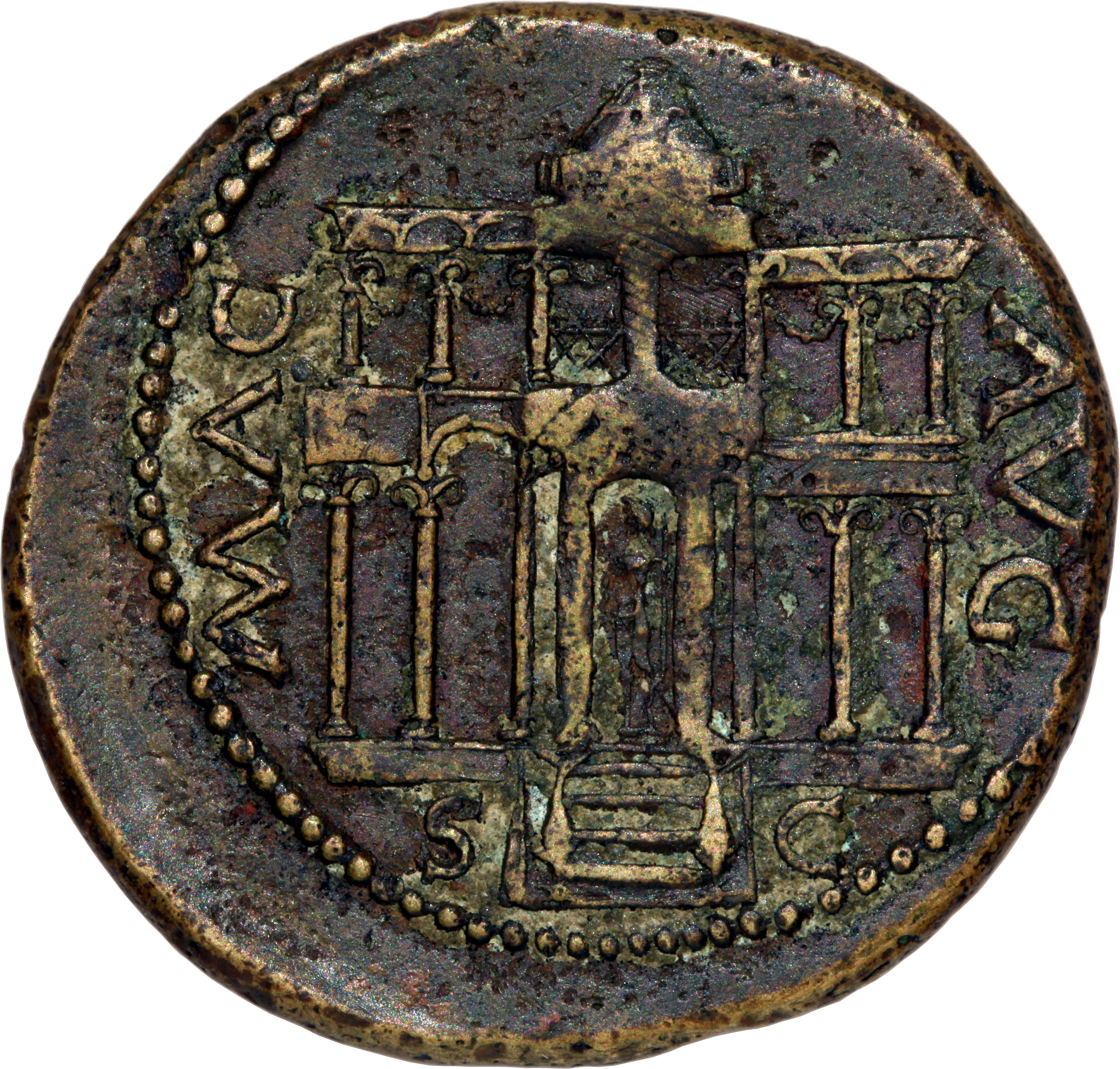 RIC I (second edition) Nero 402 Nero reverse, Front view of the Macellum Magnum; above the steps, male figure standing, le...