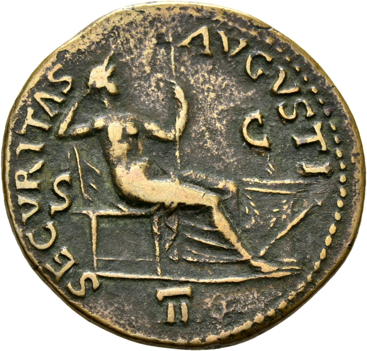 RIC I (second edition) Nero 406 Nero reverse, Securitas, bare to waist, seated right, on throne, resting head against righ...