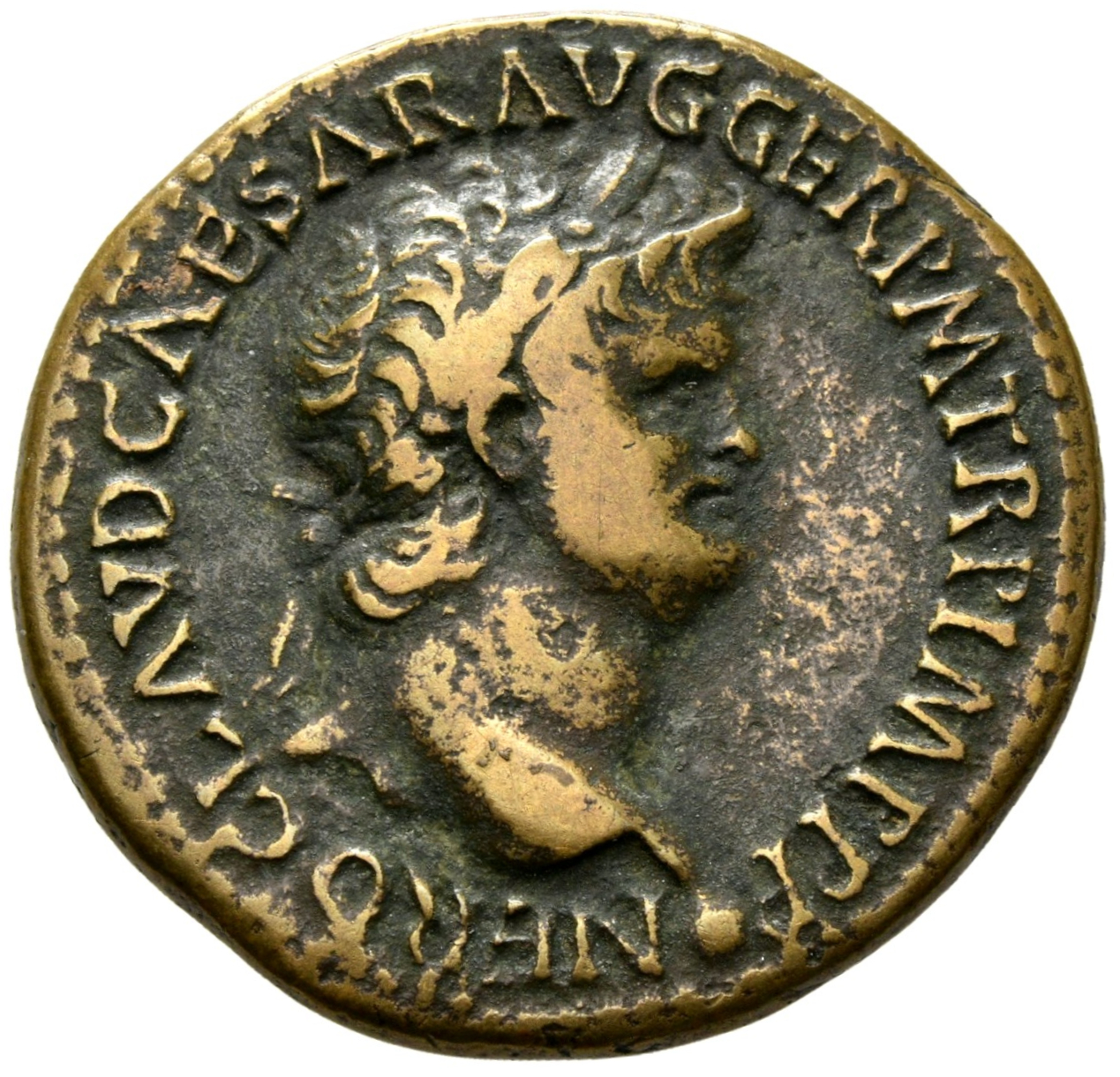 RIC I (second edition) Nero 406 Nero obverse, Head of Nero, laureate, right; small globe at point of neck