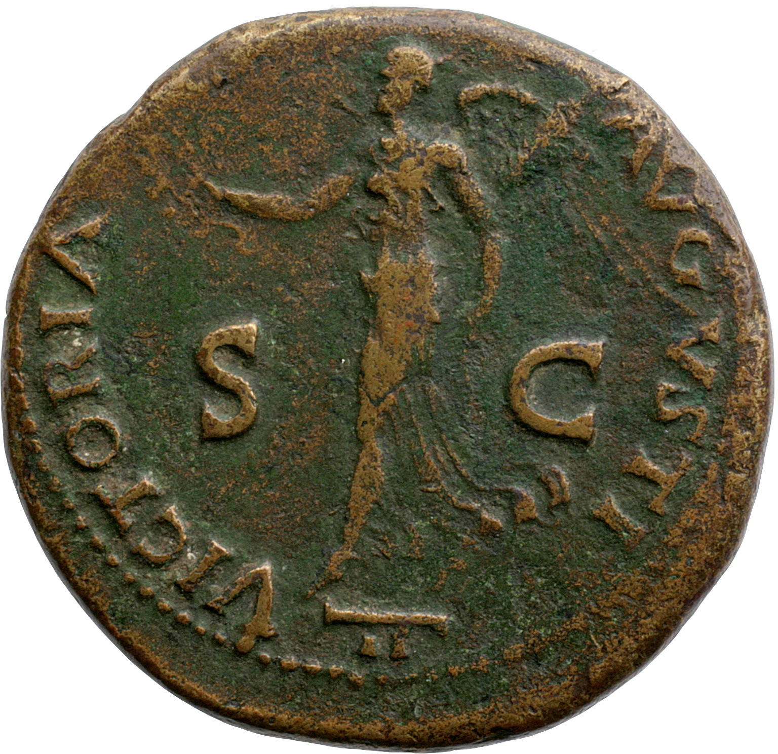 RIC I (second edition) Nero 409 Nero reverse, Victory walking left, holding wreath in right hand and palm in left