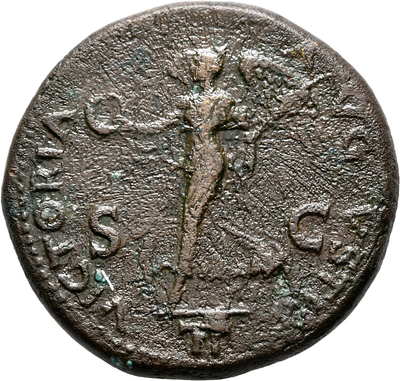RIC I (second edition) Nero 409 Nero reverse, Victory walking left, holding wreath in right hand and palm in left
