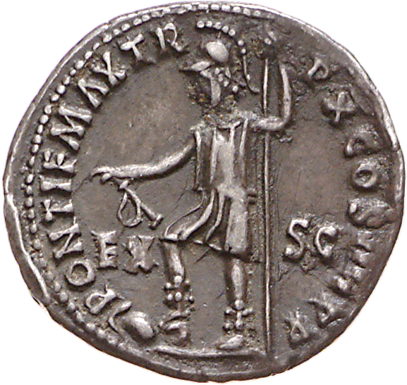 RIC I (second edition) Nero 41 Nero reverse, Virtus, helmeted, in military dress, standing left, right foot on helmet amon...