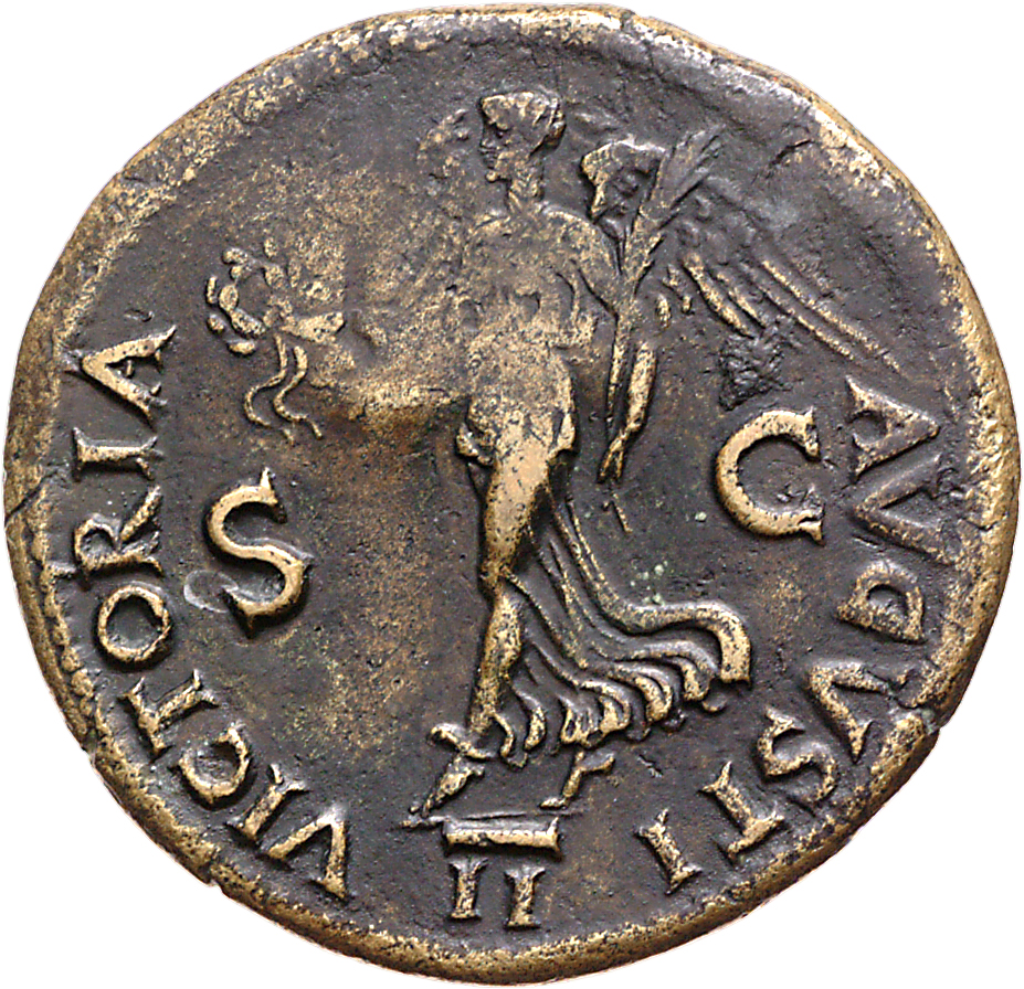 RIC I (second edition) Nero 410 Nero reverse, Victory walking left, holding wreath in right hand and palm in left