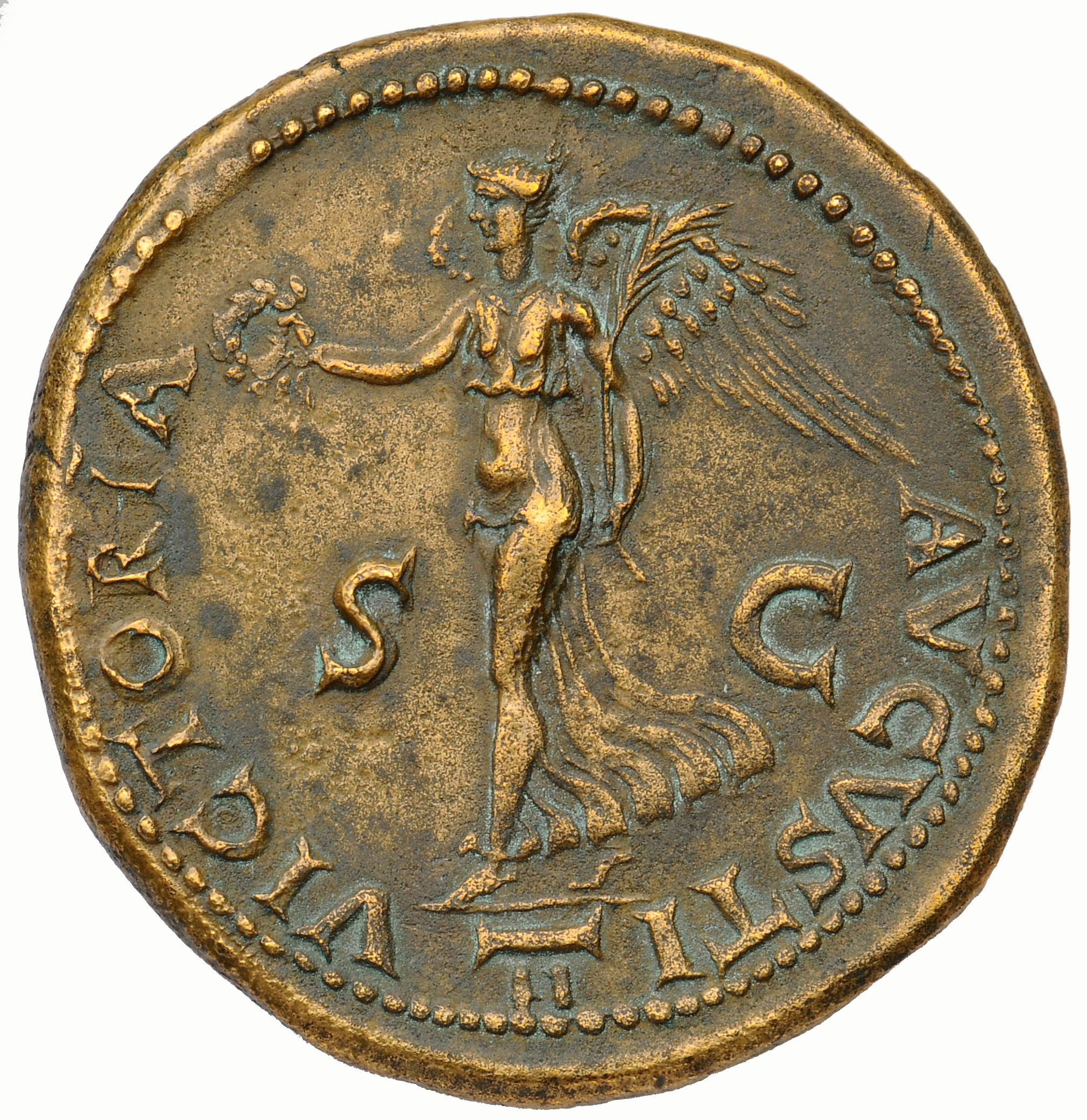 RIC I (second edition) Nero 412 Nero reverse, Victory walking left, holding wreath in right hand and palm in left