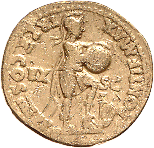 RIC I (second edition) Nero 42 Nero reverse, Roma, helmeted, in military dress, standing right, left foot on helmet next t...