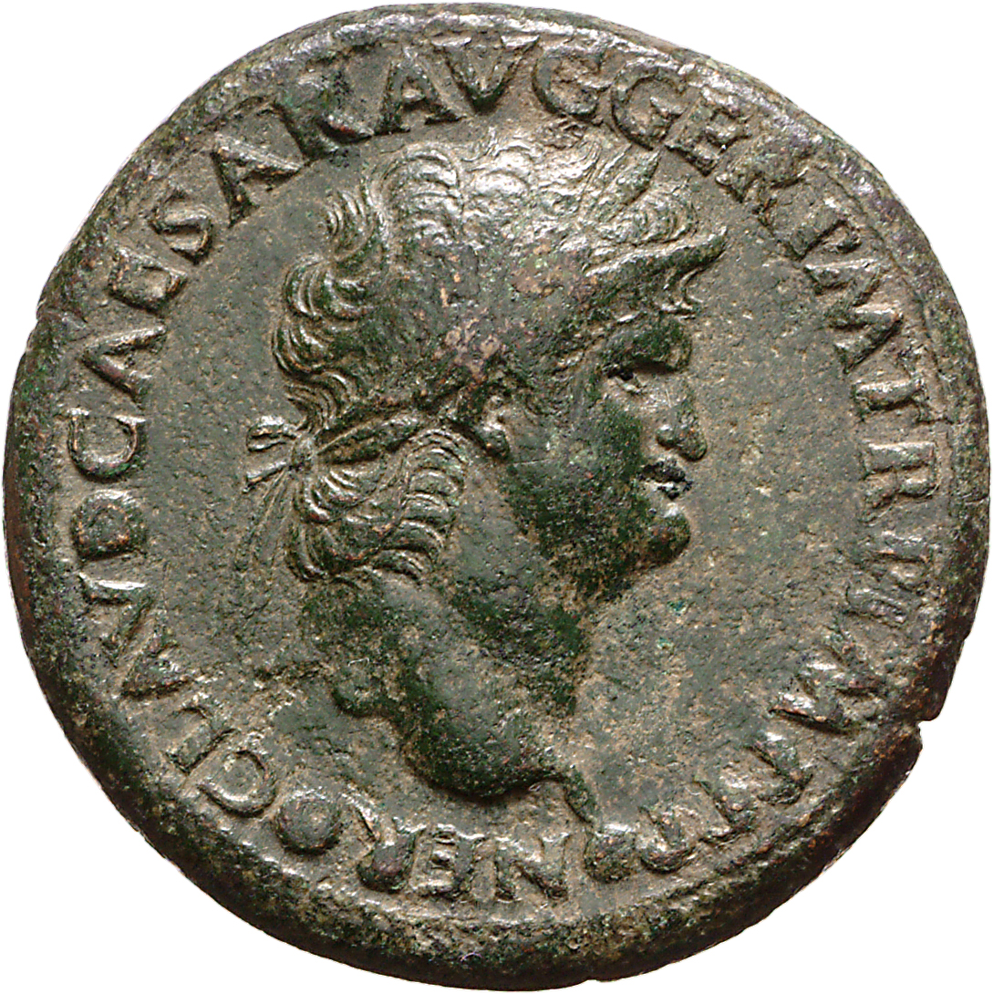 RIC I (second edition) Nero 430 Nero obverse, Head of Nero, laureate, right; small globe at point of neck