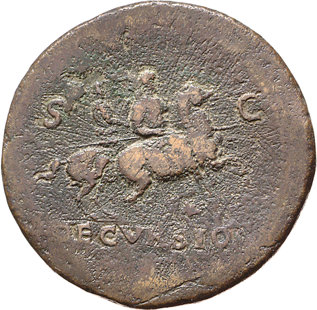 RIC I (second edition) Nero 437 Nero reverse, Nero, bare-headed, cuirassed, cloak flying behind, prancing right on horseba...
