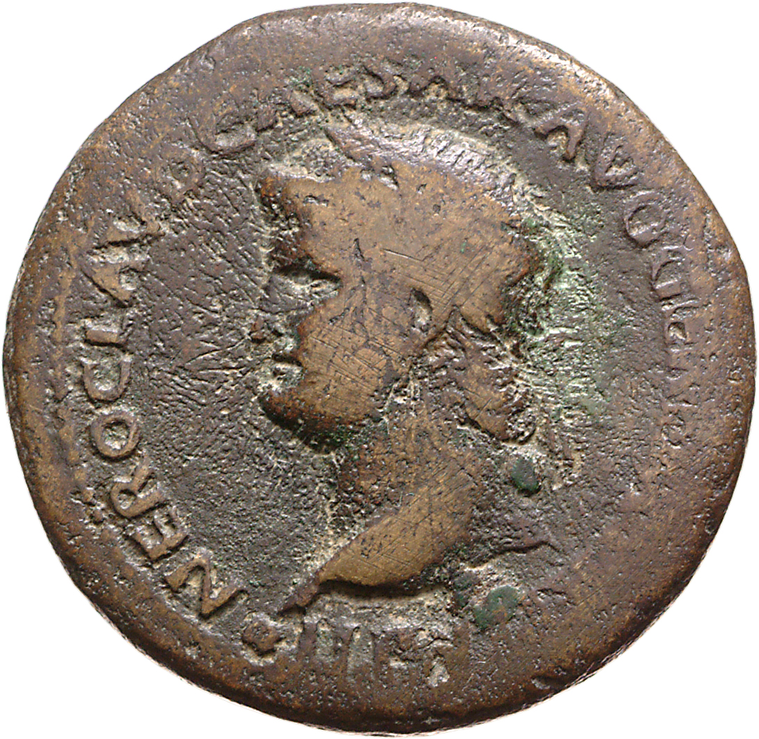 RIC I (second edition) Nero 437 Nero obverse, Head of Nero, laureate, left; small globe at point of neck