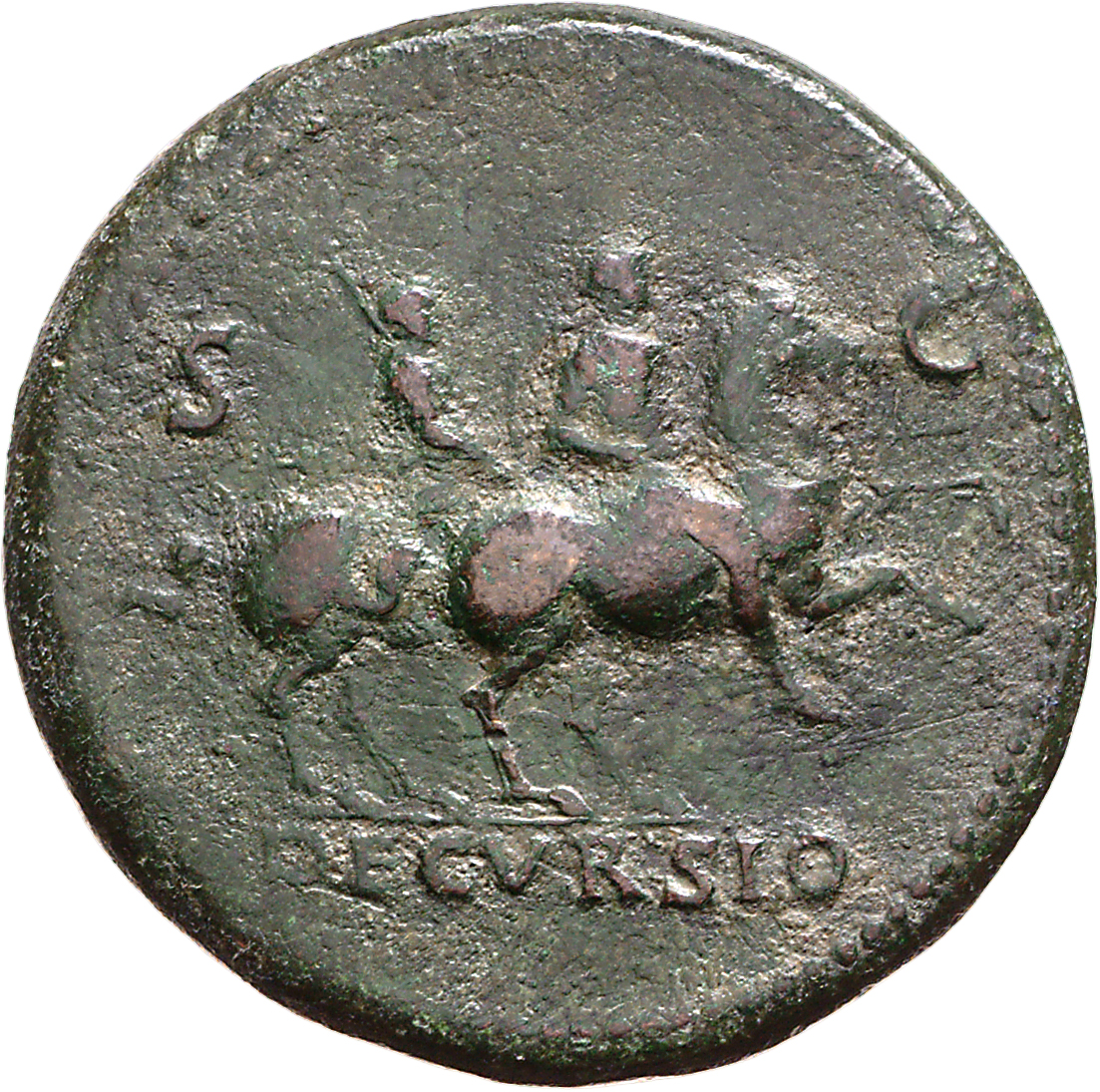 RIC I (second edition) Nero 437 Nero reverse, Nero, bare-headed, cuirassed, cloak flying behind, prancing right on horseba...
