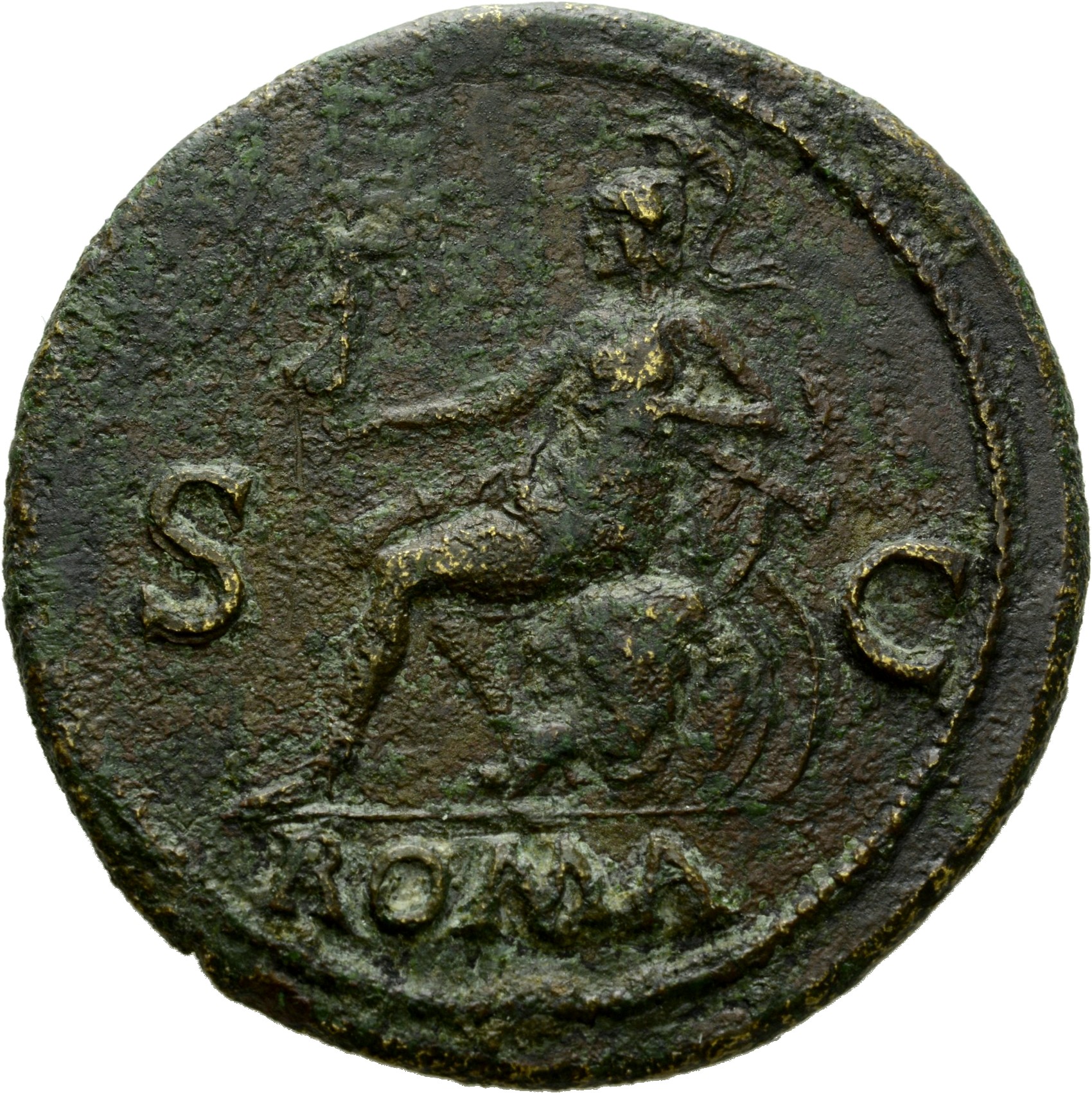 RIC I (second edition) Nero 442 Nero reverse, Roma, helmeted, in military dress, seated left on cuirass, holding Victory i...